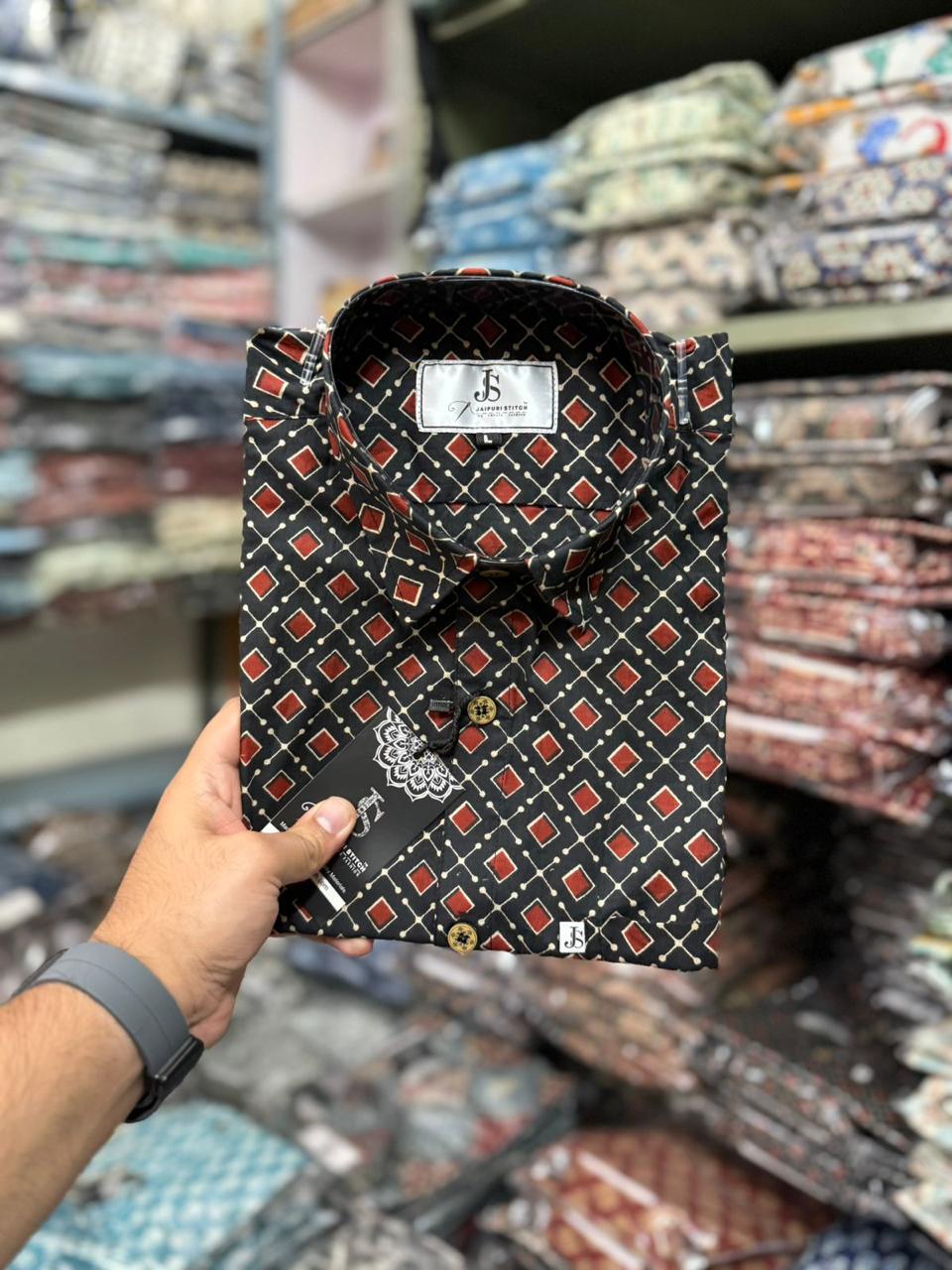 Black Red Square Jaal Printed Mens Half Sleeves Cotton Shirt