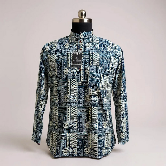 Indigo Geometric Dabu Block Printed Full Sleeves Short Kurta for Men