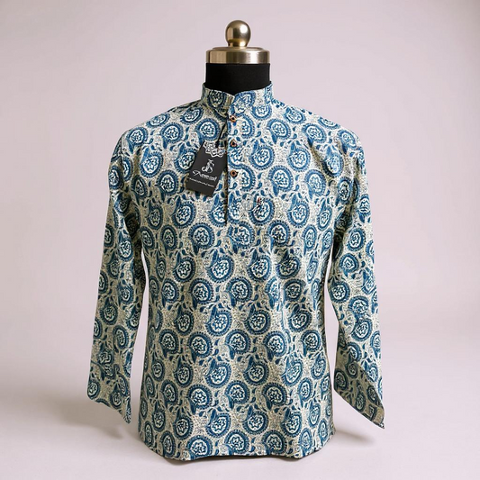 Blue Dabu-Inspired Booti Print Full Sleeves Short Kurta for Men