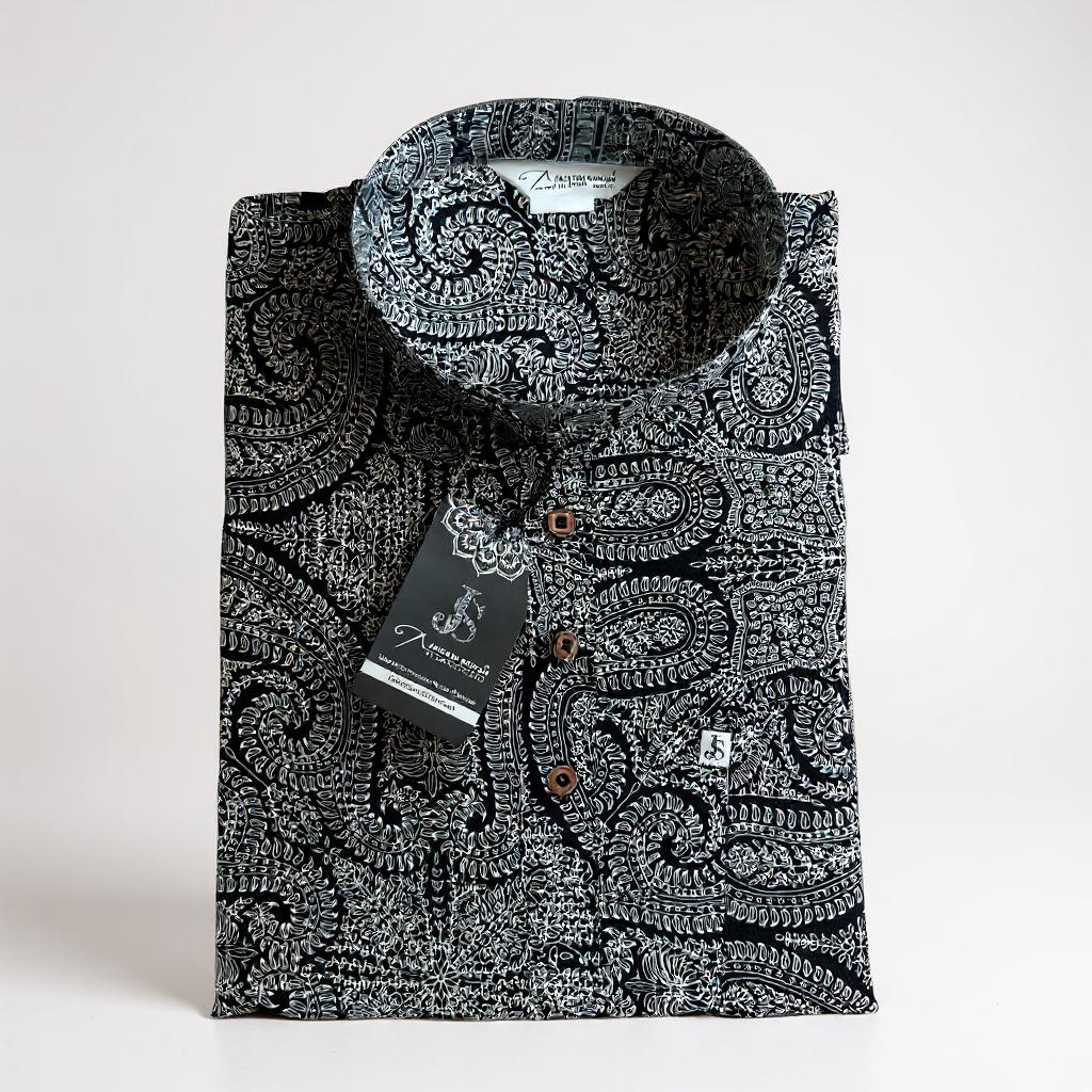 Black & Grey Paisley Art Printed Full Sleeves Short Kurta for Men