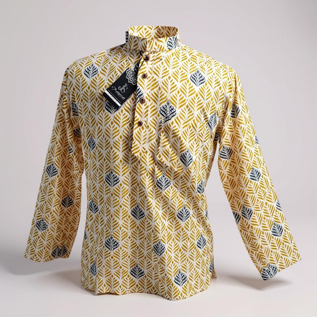 Yellow Leaf Booti Printed Full Sleeves Short Kurta for Men