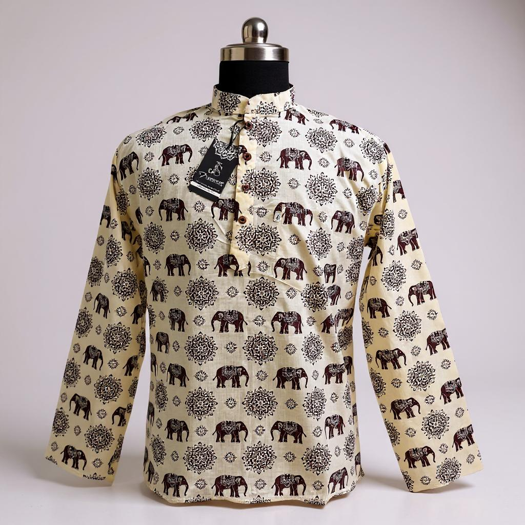 Maroon Elephant & Floral Block Printed Full Sleeves Short Kurta for Men
