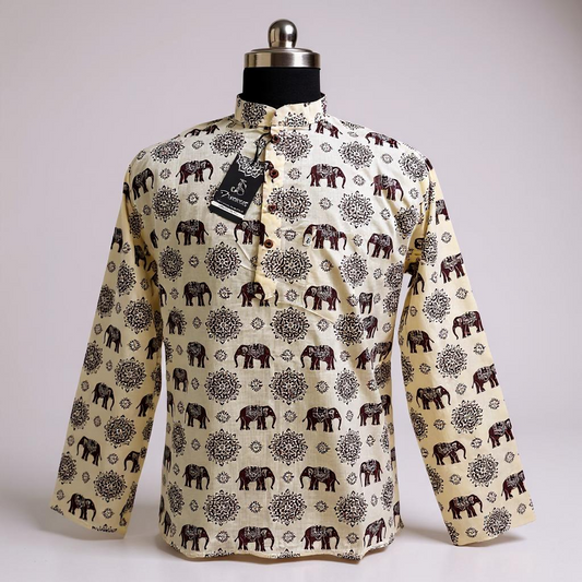 Maroon Elephant & Floral Block Printed Full Sleeves Short Kurta for Men