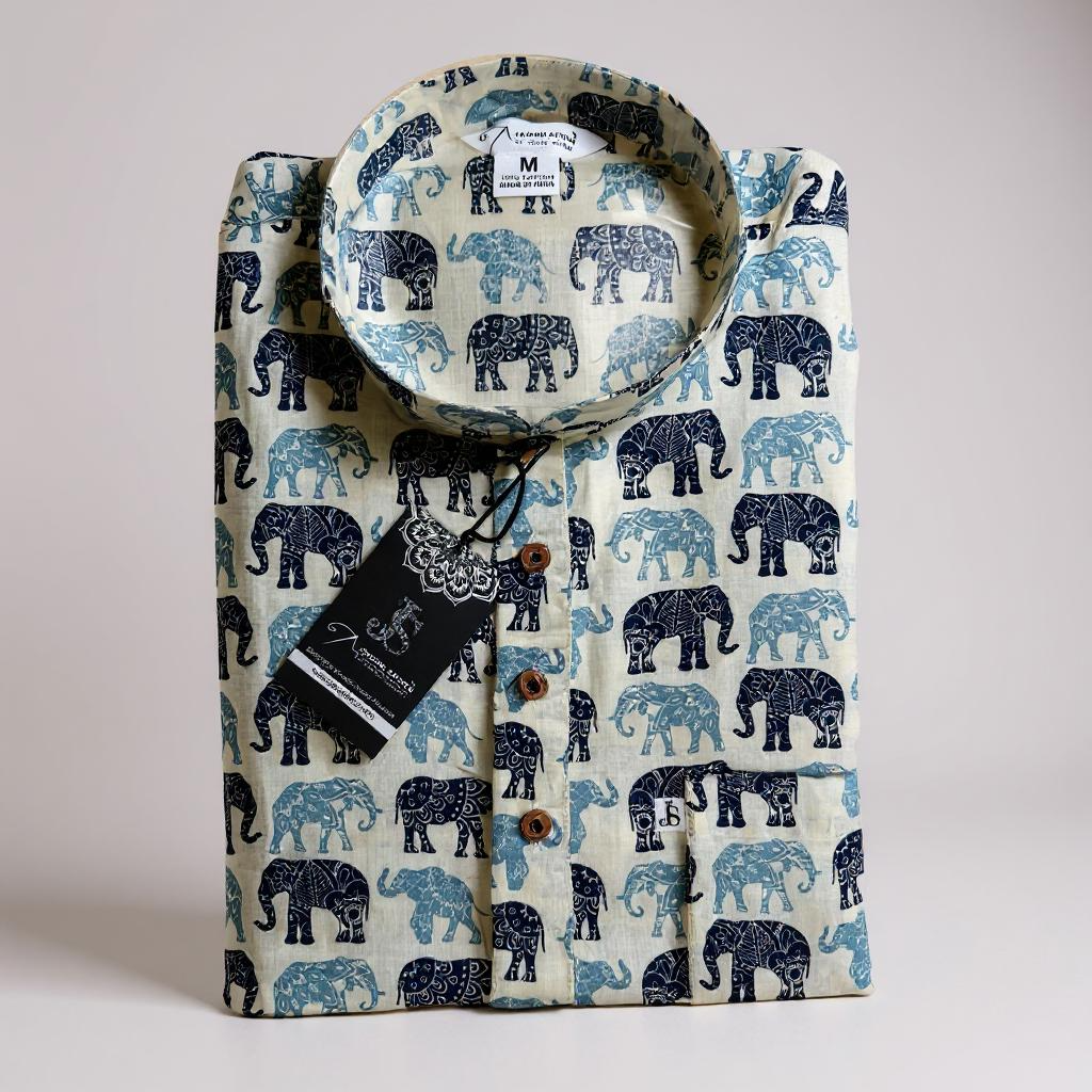 Dark and Light Blue Elephant Printed Full Sleeves Short Kurta for Men