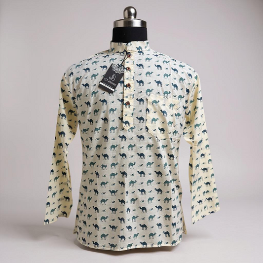 Blue & White Camel Printed Full Sleeves Short Kurta for Men