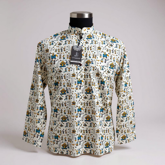Tribal Warli Art Printed Full Sleeves Short Kurta for Men