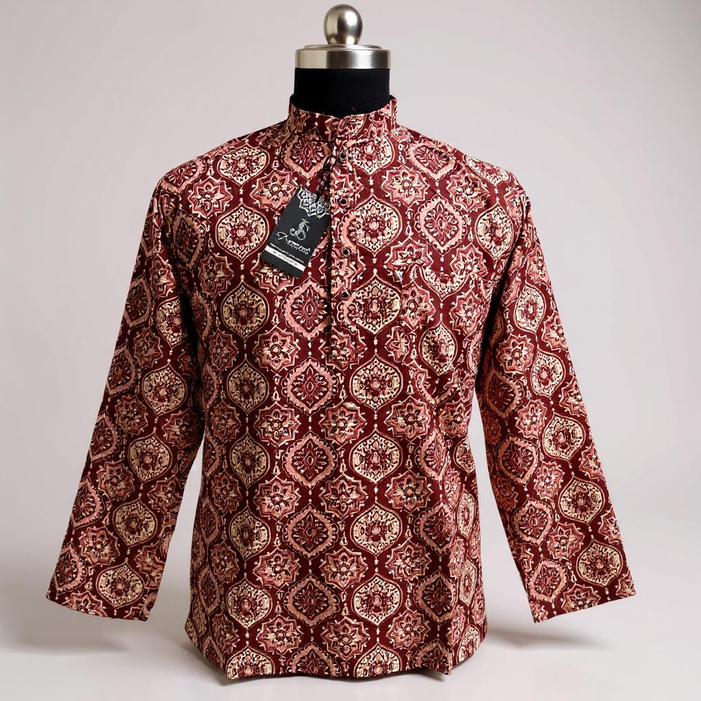 Maroon Ajrak Motif Printed Full Sleeves Short Kurta for Men