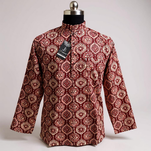 Maroon Ajrak Motif Printed Full Sleeves Short Kurta for Men