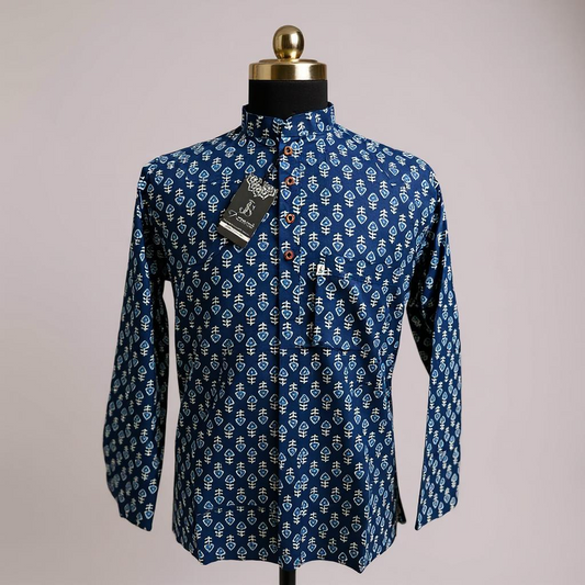 Navy Booti Printed Full Sleeves Short Kurta for Men