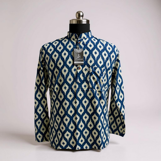 Navy Ikat Printed Full Sleeves Short Kurta for Men