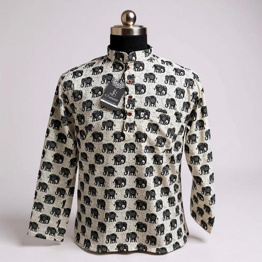 Black Elephant Printed Full Sleeves Short Kurta for Men