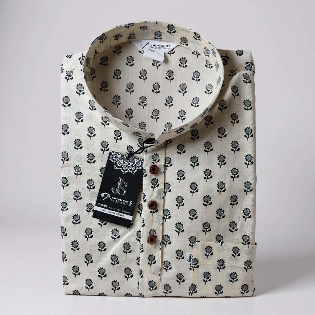 Ivory Booti Printed Full Sleeves Short Kurta for Men