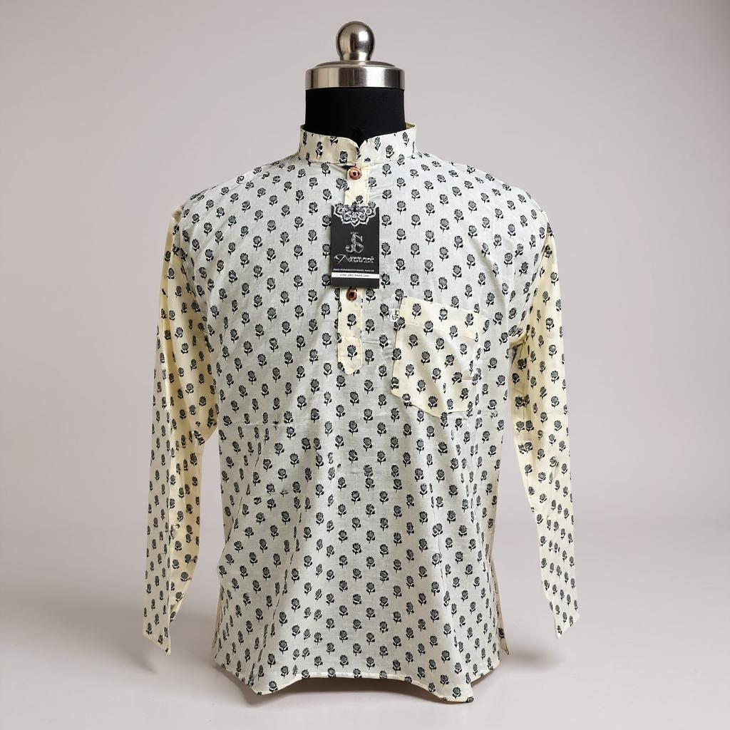 Ivory Booti Printed Full Sleeves Short Kurta for Men