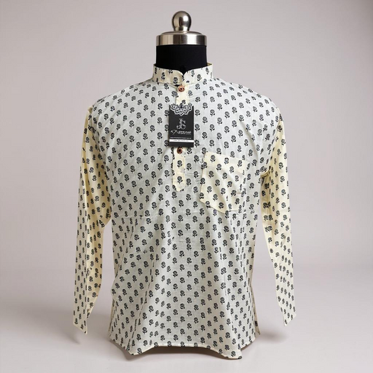 Ivory Booti Printed Full Sleeves Short Kurta for Men