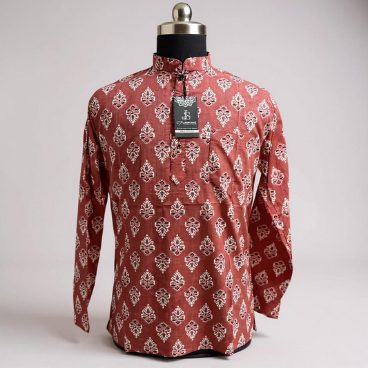 Rust Floral Booti Printed Full Sleeves Short Kurta for Men