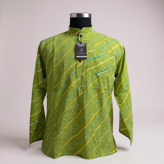 Lime Leheriya Printed Full Sleeves Short Kurta for Men