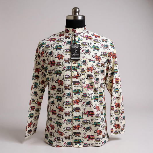 Multicolor Elephant Printed Full Sleeves Short Kurta for Men