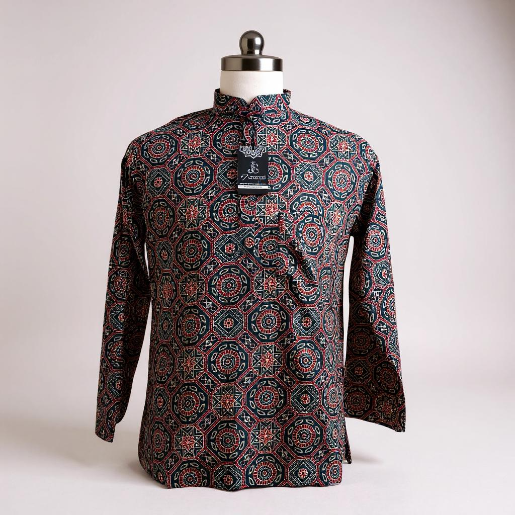 Ajrak Star Motif Printed Full Sleeves Short Kurta for Men
