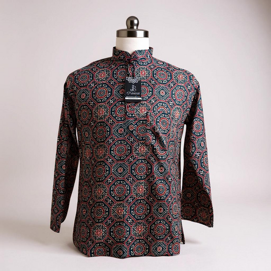 Ajrak Star Motif Printed Full Sleeves Short Kurta for Men