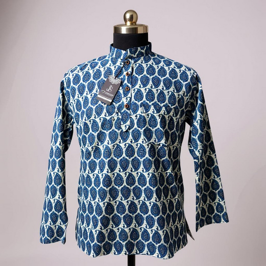 Indigo Boota Printed Full Sleeves Short Kurta for Men