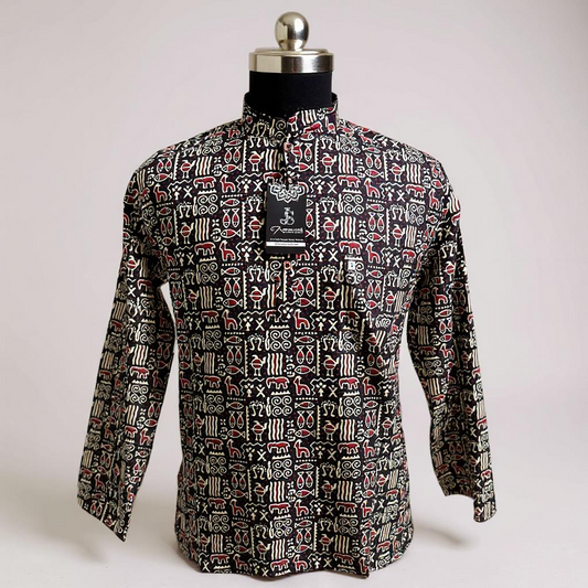 Black Tribal Motif Printed Full Sleeves Short Kurta for Men