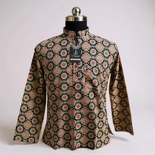 Black Ajrak Motif Printed Full Sleeves Short Kurta for Men