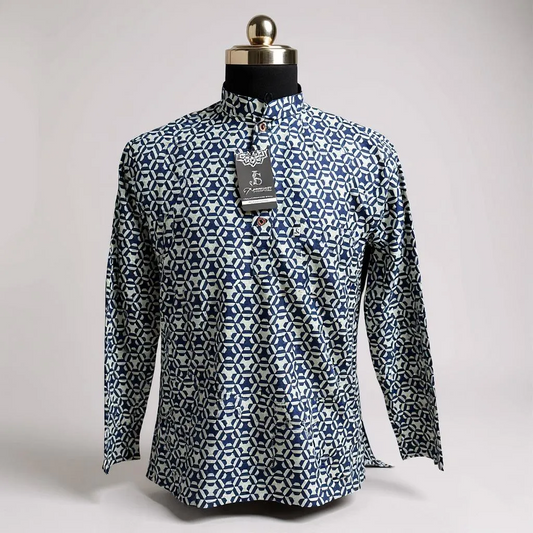 Navy Blue Geometric Star Block Printed Full Sleeves Short Kurta for Men