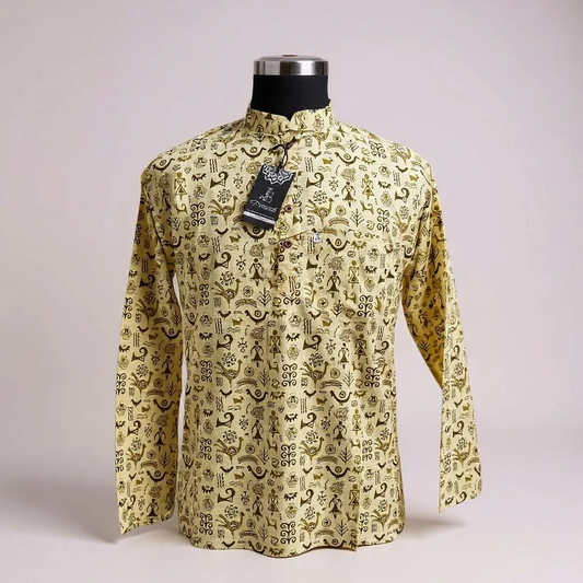 Beige Ethnic Warli Printed Short Kurta for Men