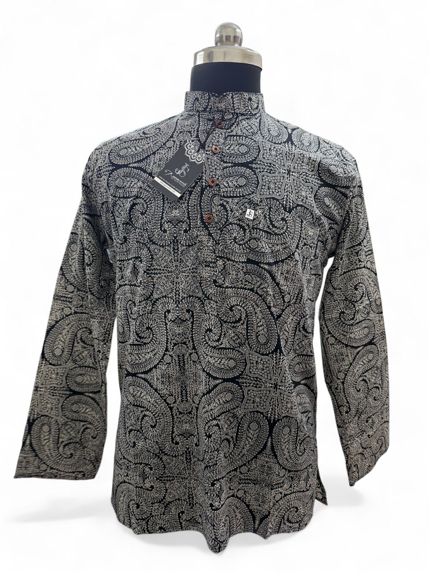 Black & Grey Paisley Art Printed Full Sleeves Short Kurta for Men