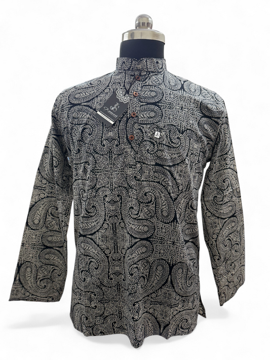 Black & Grey Paisley Art Printed Full Sleeves Short Kurta for Men