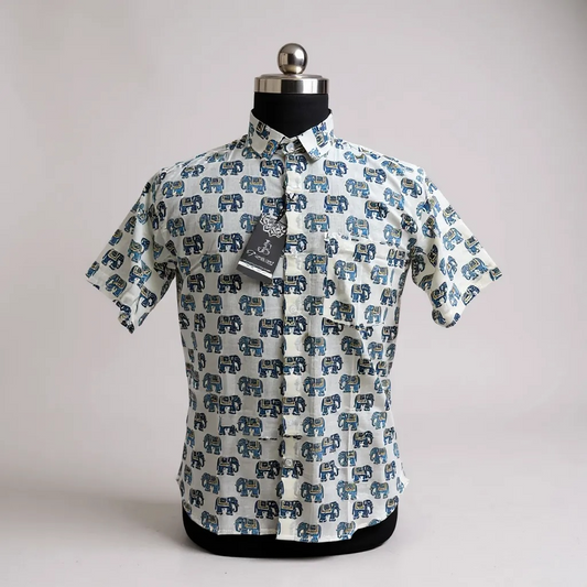 Blue White Mughal Elephant Printed Mens Half Sleeves Cotton Shirt