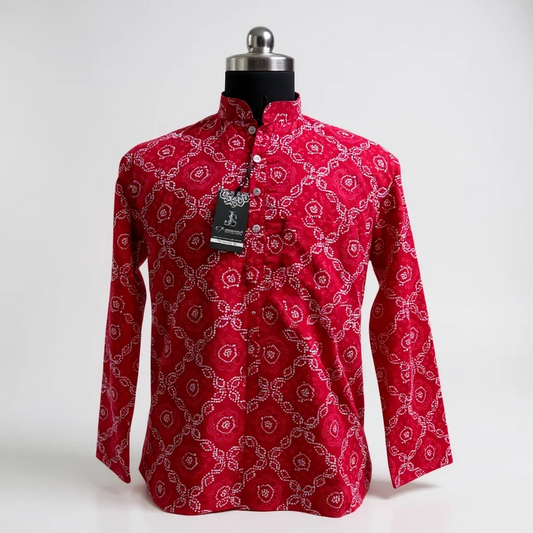 Red Bandhej Printed Full Sleeves Short Kurta for Men