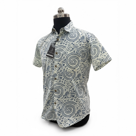 White and Blue Warli Printed Mens Half Sleeves Cotton Shirt