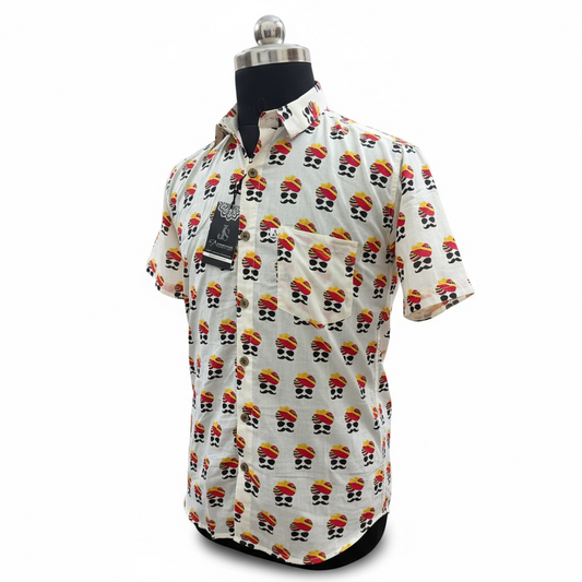New Red Pagdi Printed Mens Half Sleeves Cotton Shirt