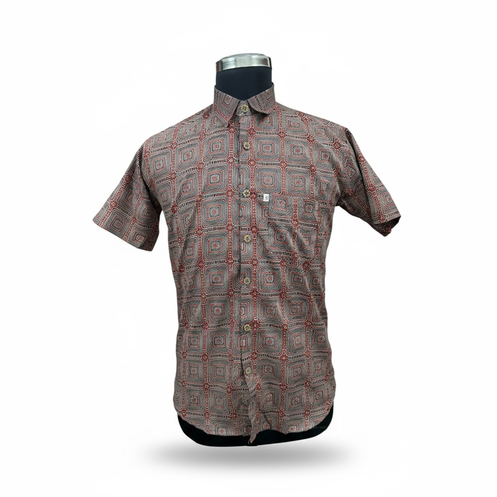 Brown Ajrak Square Printed Mens Half Sleeves Cotton Shirt
