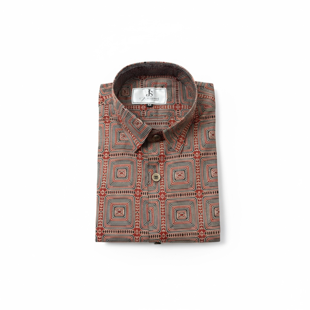 Brown Ajrak Square Printed Mens Half Sleeves Cotton Shirt