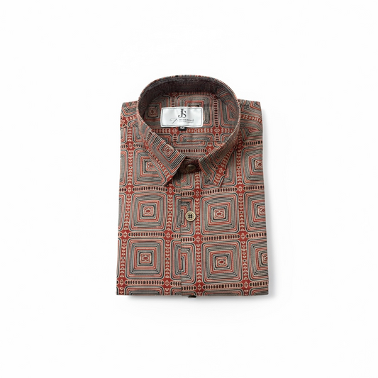 Brown Ajrak Square Printed Mens Half Sleeves Cotton Shirt