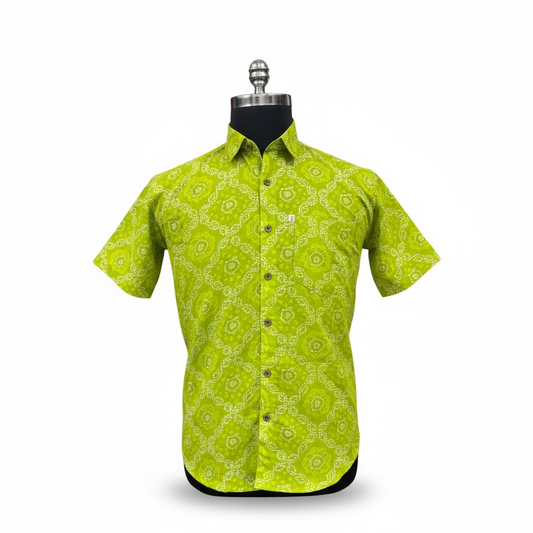 New Lime Bandhani/Bandhej  Printed Mens Half Sleeves Cotton Shirt