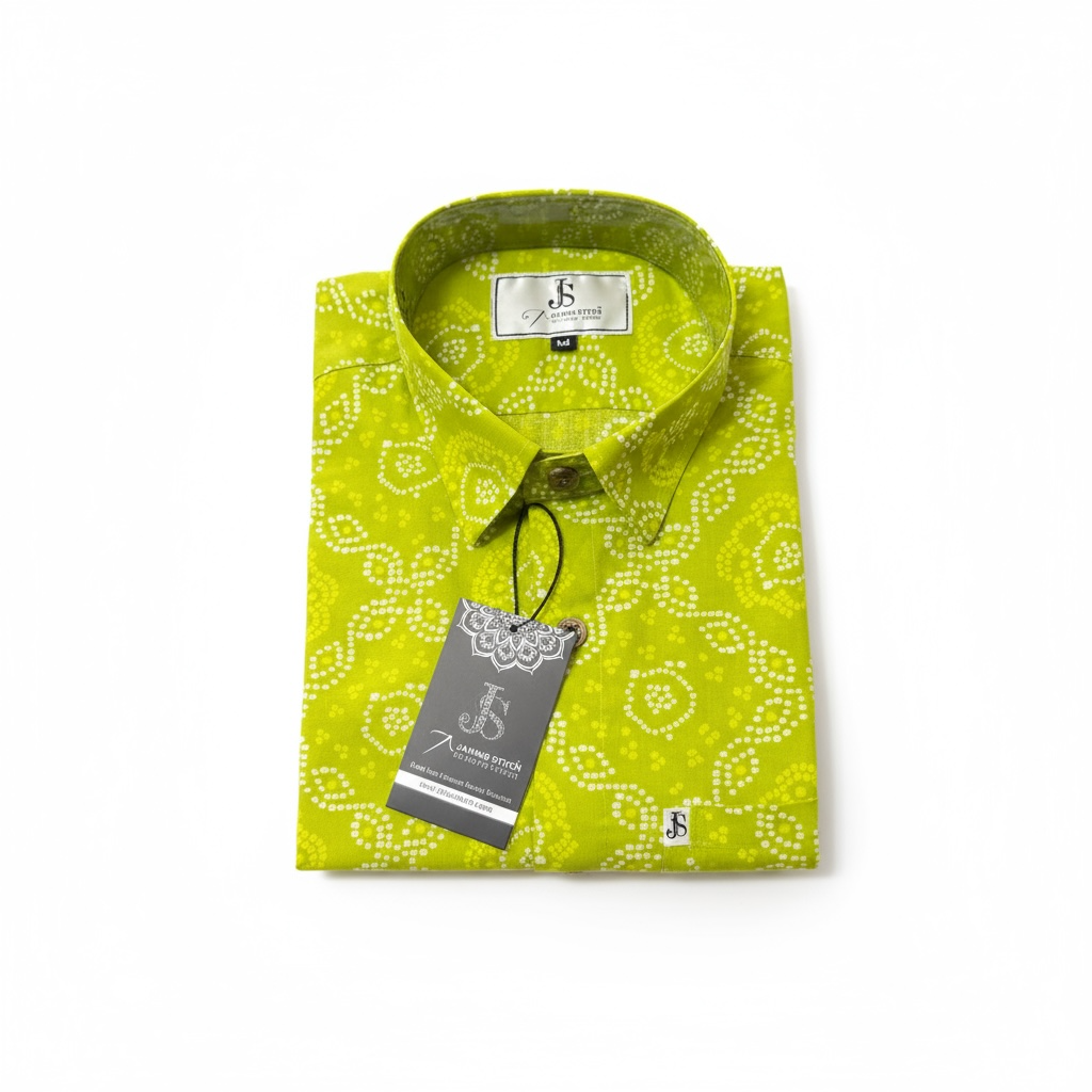 New Lime Bandhani/Bandhej  Printed Mens Half Sleeves Cotton Shirt