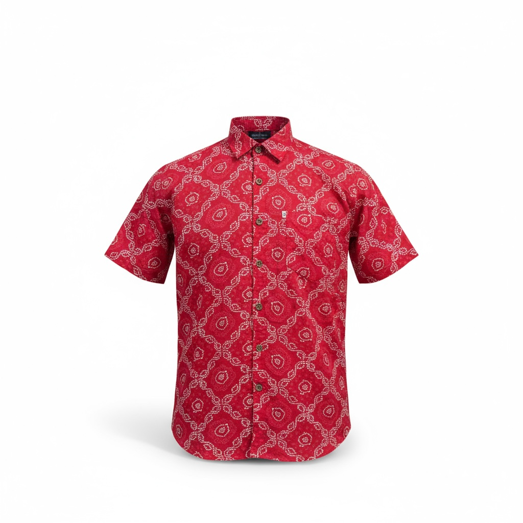 New red Bandhani/Bandhej Printed Mens Half Sleeves Cotton Shirt
