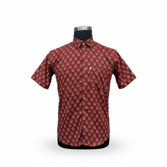 Maroon And Black Booti Printed Mens Half Sleeves Cotton Shirt