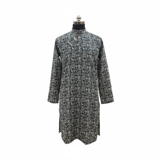 Black And White Tribal Printed Full Sleeves Long Kurta for Mens