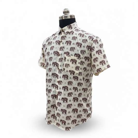 Maroon Ivory Elephant Printed Plus Size Half Sleeves Cotton Shirt
