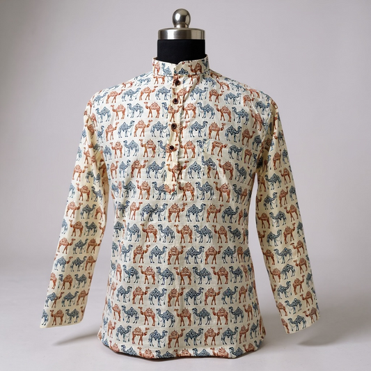 Camel Caravan Printed Full Sleeves Short Kurta for Men