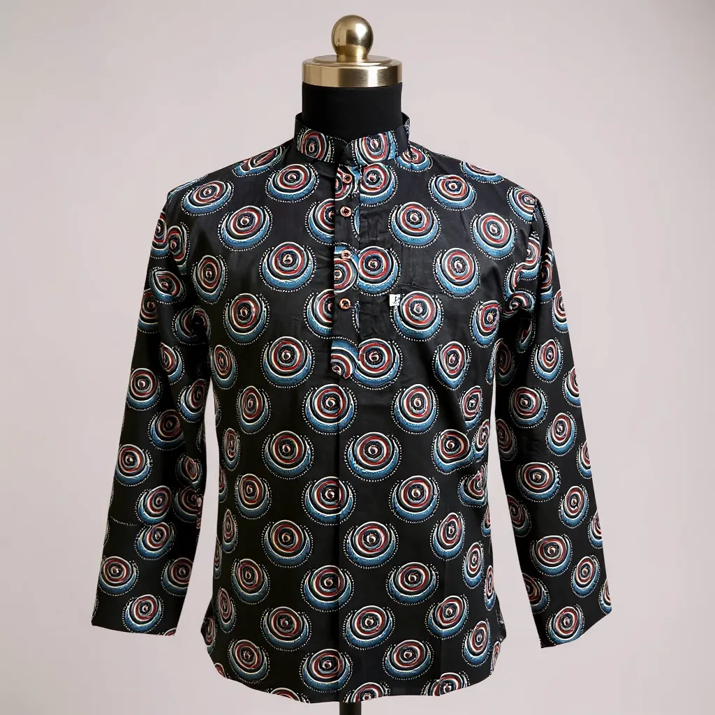 Black Chakra Printed Full Sleeves Short Kurta for Men