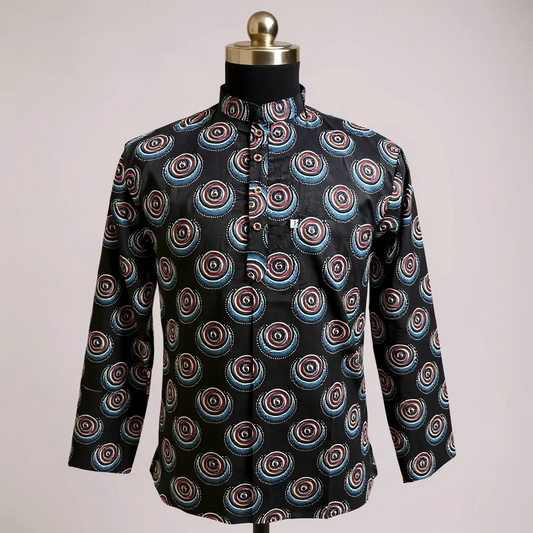 Black Chakra Printed Full Sleeves Short Kurta for Men