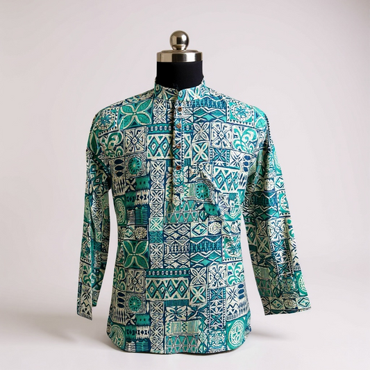 Blue Mosaic Printed Full Sleeves Short Kurta for Men
