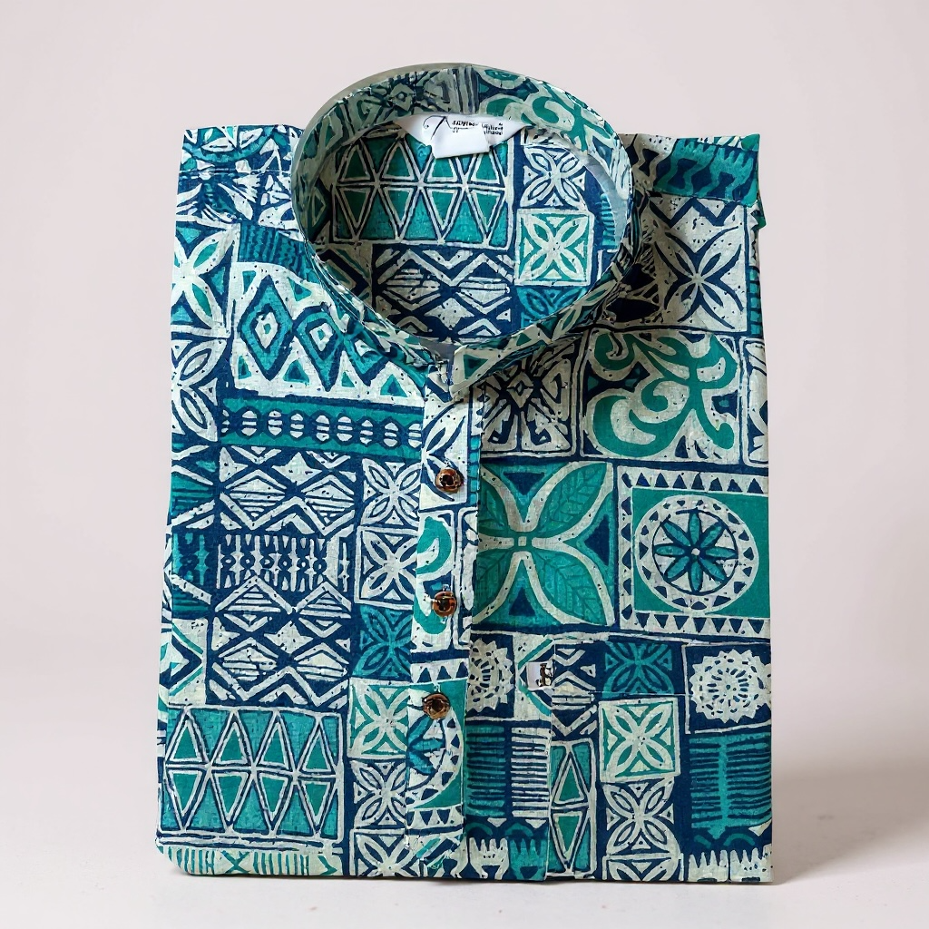 Blue Mosaic Printed Full Sleeves Short Kurta for Men