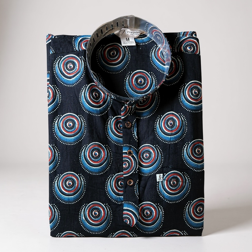Black Chakra Printed Full Sleeves Short Kurta for Men