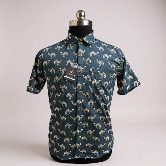 Grey And Beige Camel Printed Mens Half Sleeves Cotton Shirt